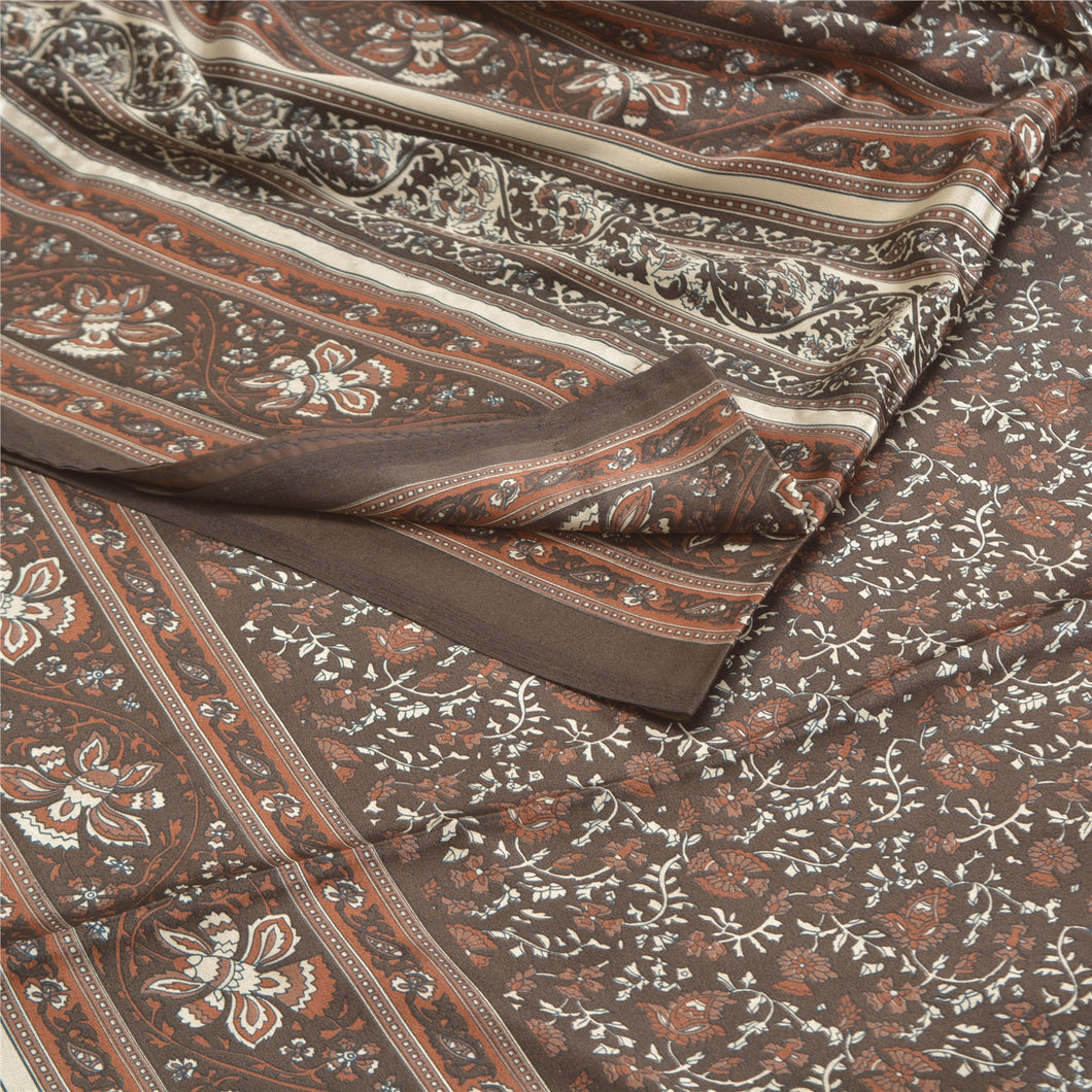 Sanskriti Vintage Brown Sarees Moss Crepe Floral Printed Craft Fabric Sari