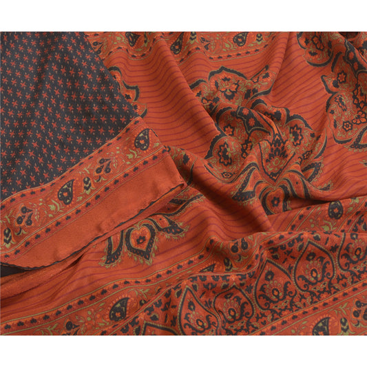 Sanskriti Vintage Black Sarees Moss Crepe Floral Printed Craft Sustainable Fabric Sari