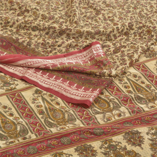 Sanskriti Vintage Ivory Sarees Indian Moss Crepe Printed Sari Soft Craft Sustainable Fabric