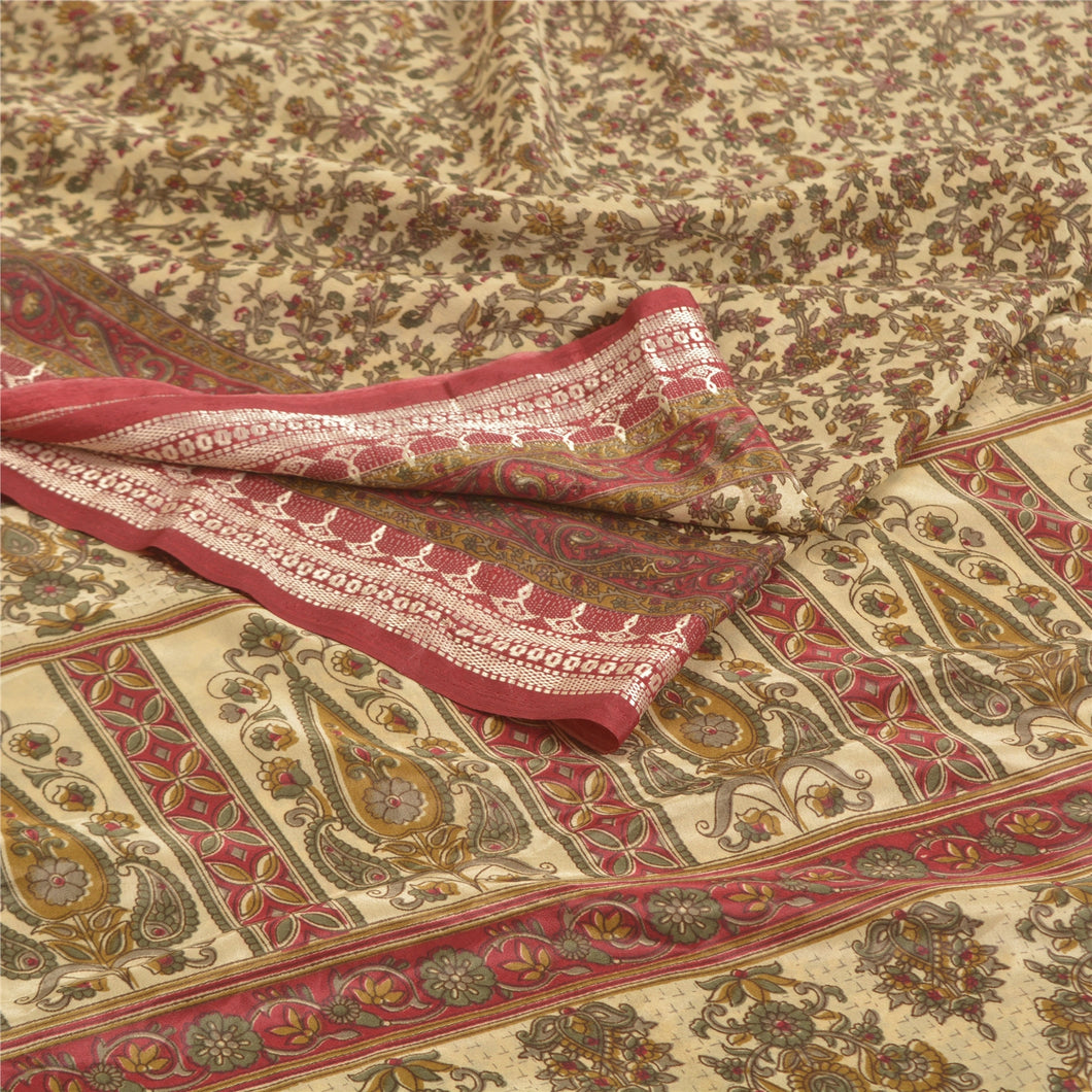 Sanskriti Vintage Ivory Sarees Indian Moss Crepe Printed Sari Soft Craft Fabric