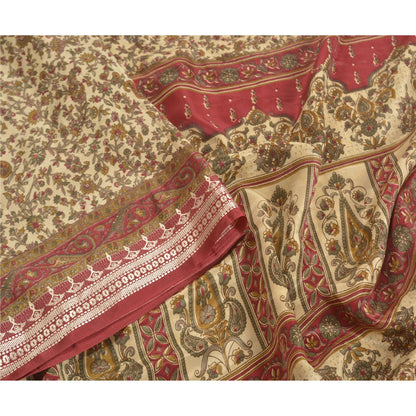 Sanskriti Vintage Ivory Sarees Indian Moss Crepe Printed Sari Soft Craft Sustainable Fabric