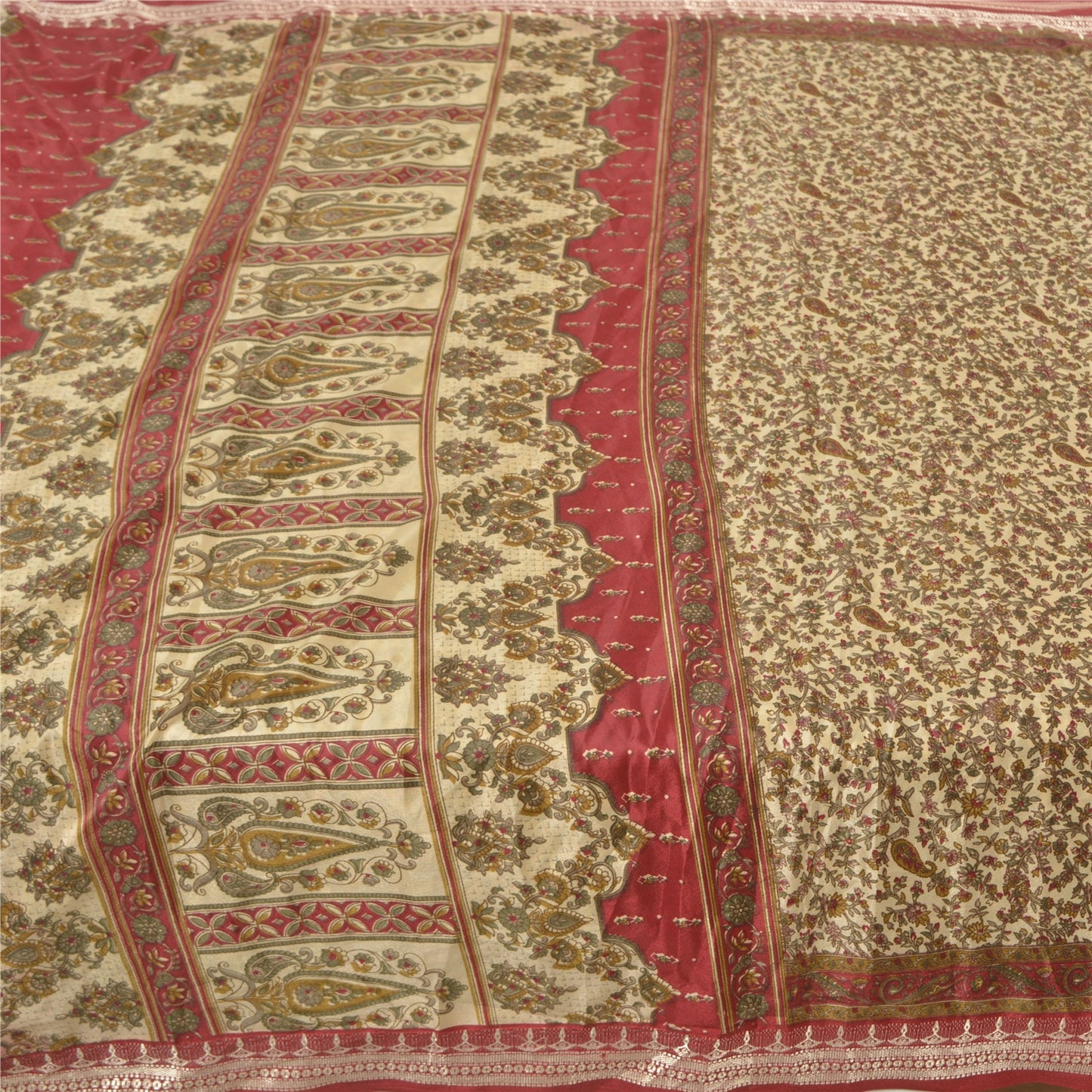 Sanskriti Vintage Ivory Sarees Indian Moss Crepe Printed Sari Soft Craft Sustainable Fabric