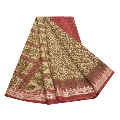 Sanskriti Vintage Ivory Sarees Indian Moss Crepe Printed Sari Soft Craft Sustainable Fabric