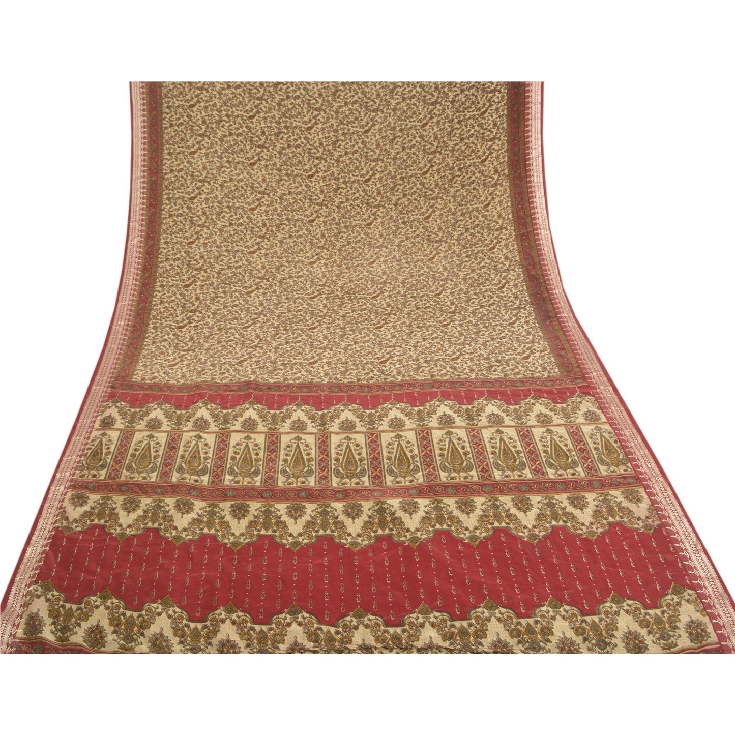 Sanskriti Vintage Ivory Sarees Indian Moss Crepe Printed Sari Soft Craft Sustainable Fabric