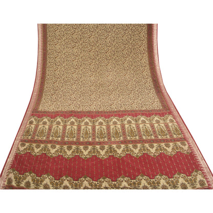 Sanskriti Vintage Ivory Sarees Indian Moss Crepe Printed Sari Soft Craft Sustainable Fabric