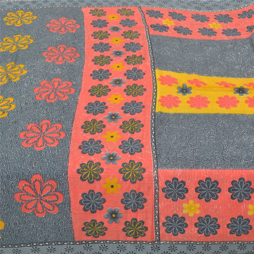 Sanskriti Vintage Gray Sarees Indian Moss Crepe Printed Sari Soft Craft Fabric