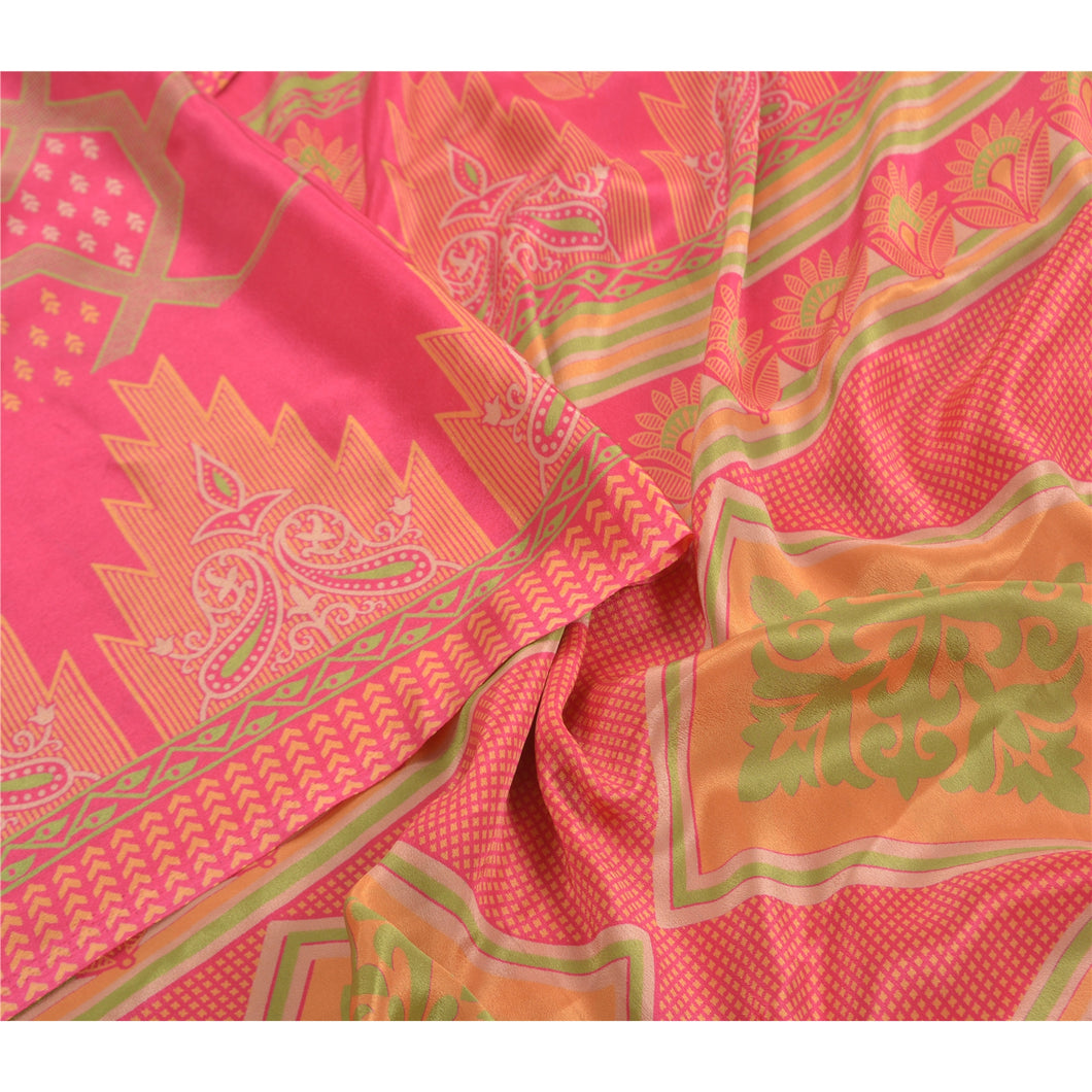 Sanskriti Vintage Pink Indian Sarees Moss Crepe Printed Floral Sari Craft Fabric