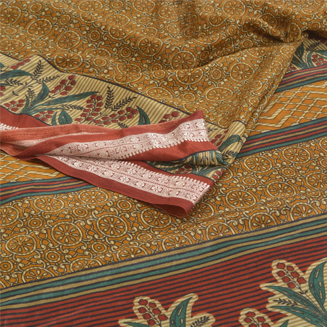 Sanskriti Vintage Brown Sarees Moss Crepe Printed Floral Sari Soft Craft Fabric