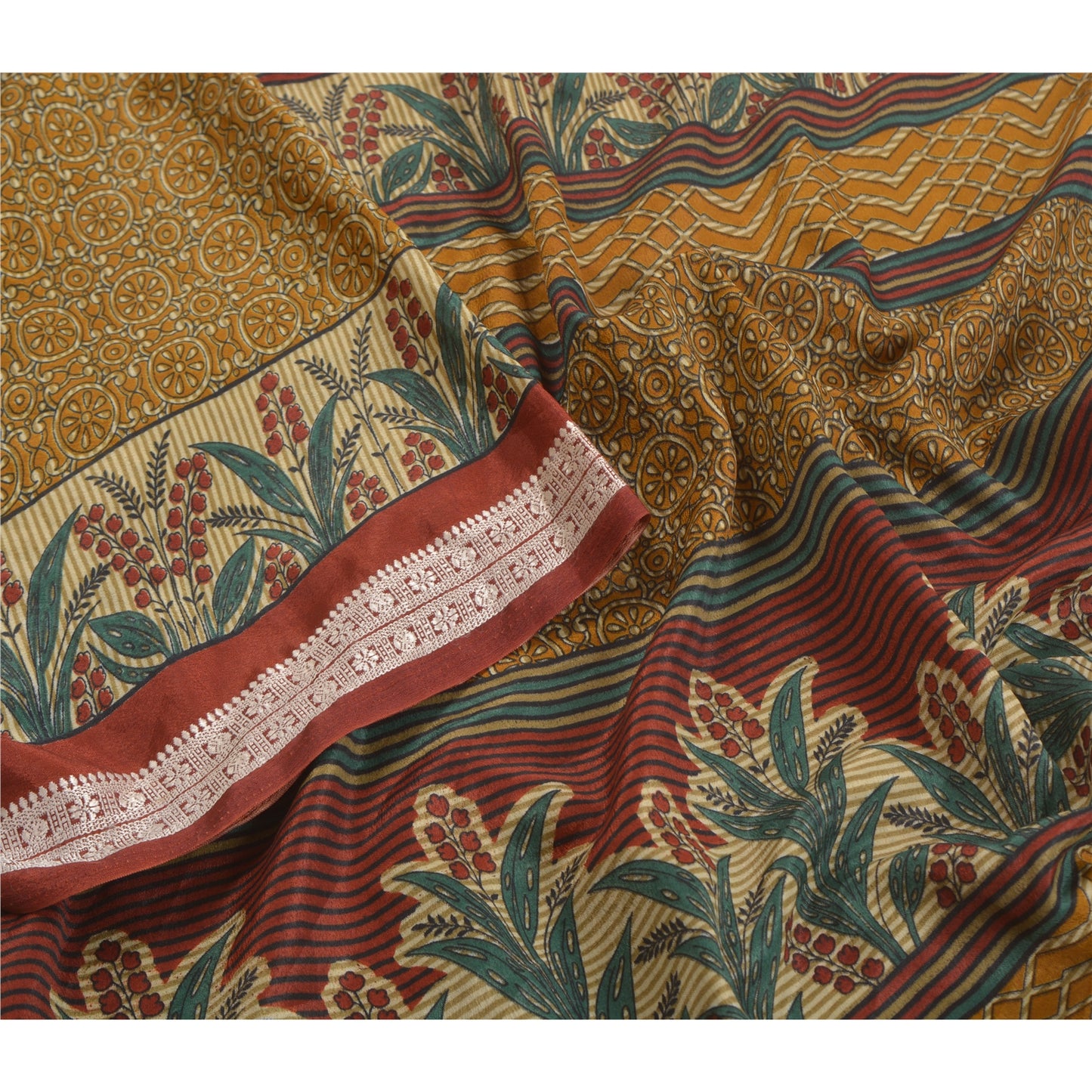 Sanskriti Vintage Brown Sarees Moss Crepe Printed Floral Sari Soft Craft Sustainable Fabric