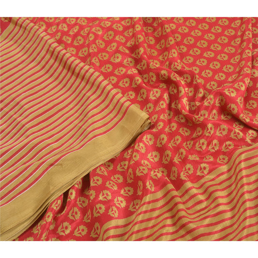 Sanskriti Vintage Red Indian Printed Sarees Moss Crepe Floral Sari Craft Sustainable Fabric