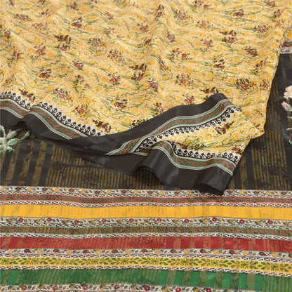 Sanskriti Vintage Sarees Yellow Moss Crepe Sari Printed Woven Soft Craft Sustainable Fabric