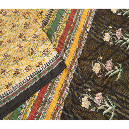 Sanskriti Vintage Sarees Yellow Moss Crepe Sari Printed Woven Soft Craft Sustainable Fabric