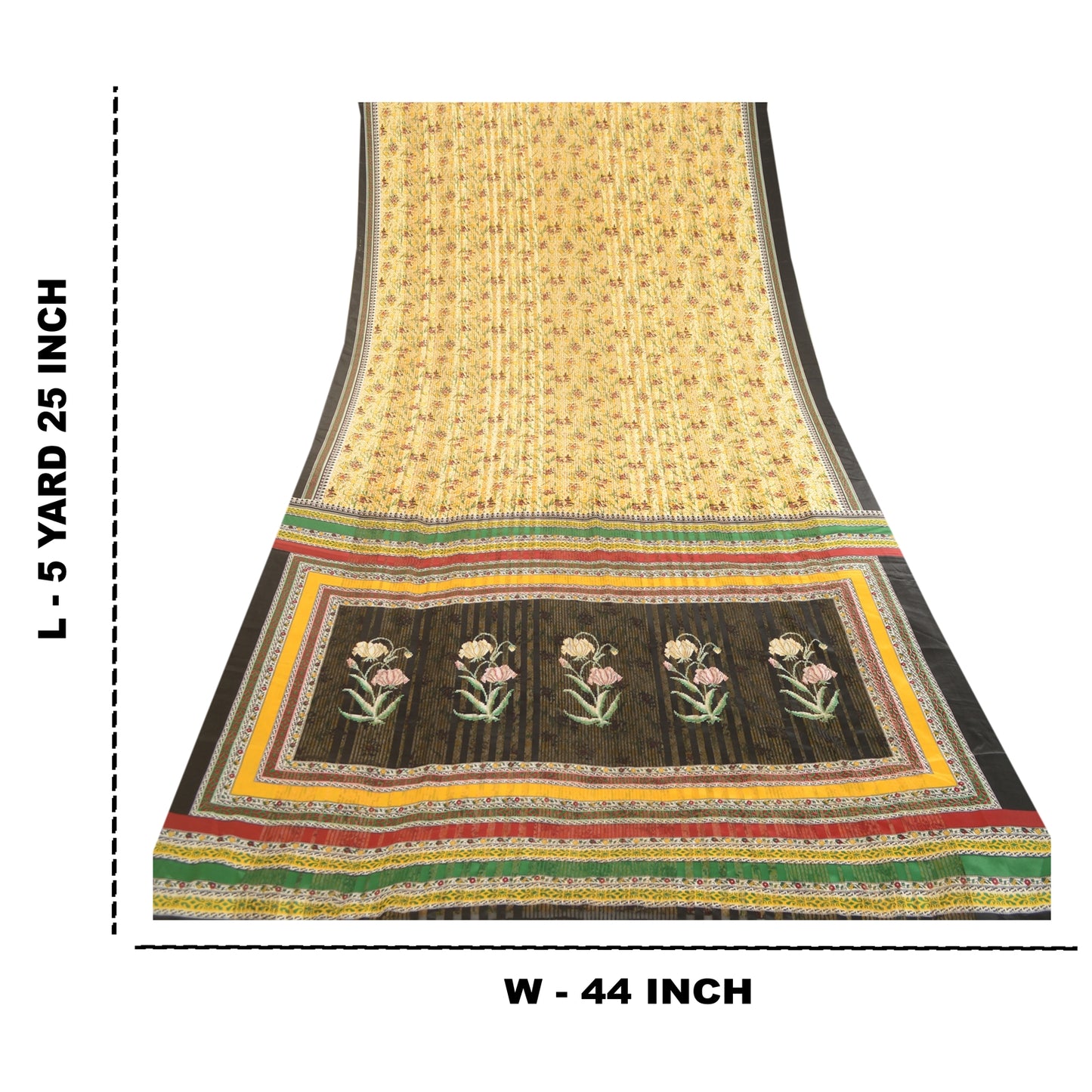 Sanskriti Vintage Sarees Yellow Moss Crepe Sari Printed Woven Soft Craft Sustainable Fabric