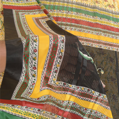 Sanskriti Vintage Sarees Yellow Moss Crepe Sari Printed Woven Soft Craft Sustainable Fabric