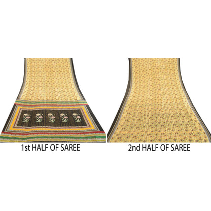 Sanskriti Vintage Sarees Yellow Moss Crepe Sari Printed Woven Soft Craft Sustainable Fabric
