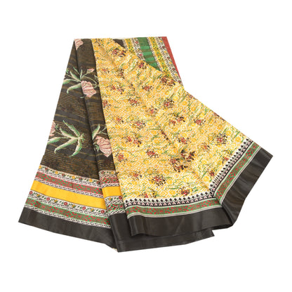 Sanskriti Vintage Sarees Yellow Moss Crepe Sari Printed Woven Soft Craft Sustainable Fabric