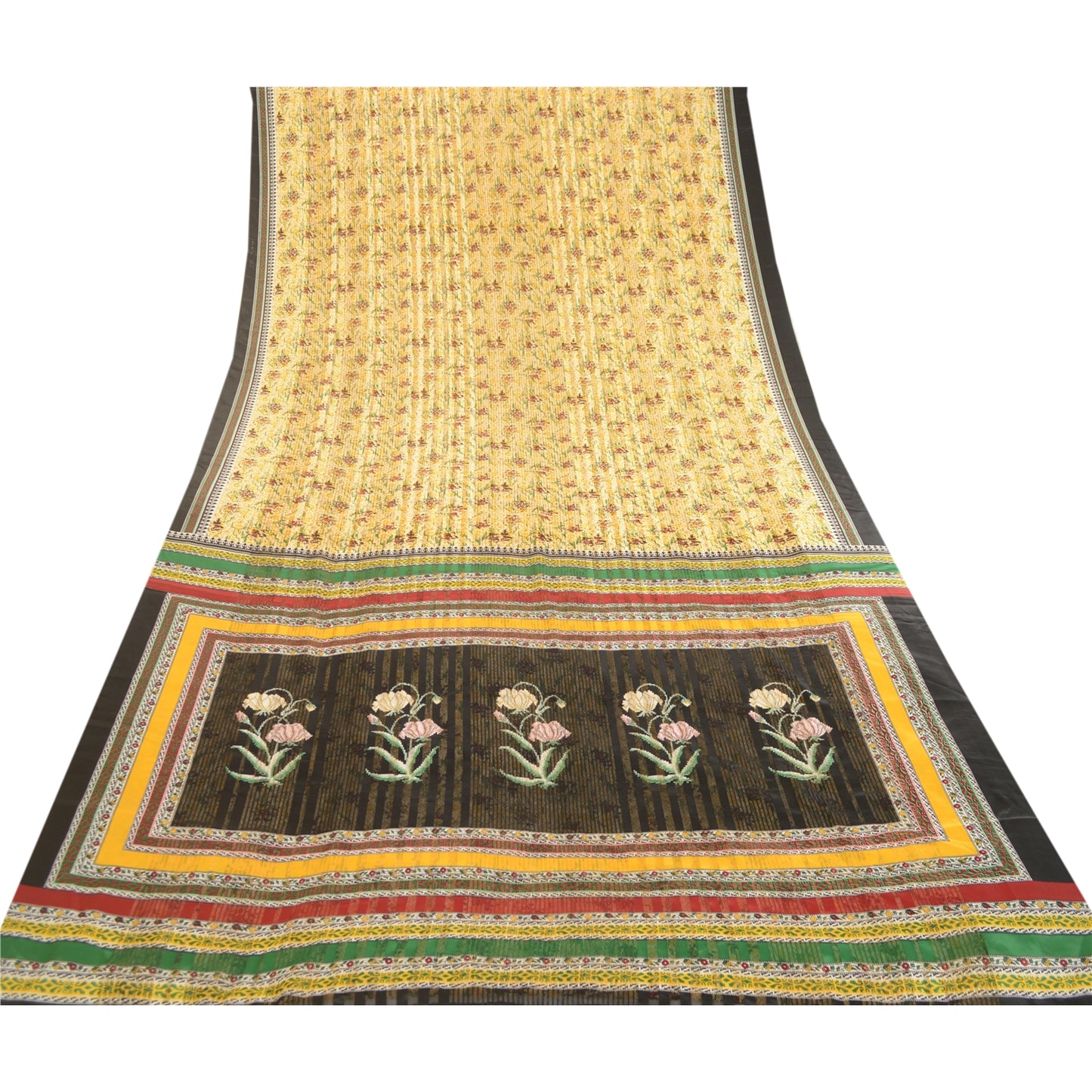 Sanskriti Vintage Sarees Yellow Moss Crepe Sari Printed Woven Soft Craft Sustainable Fabric