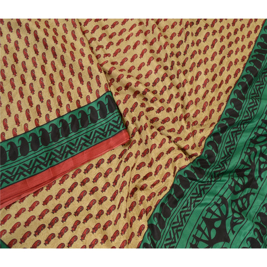Sanskriti Vintage Sarees Indian Beige Moss Crepe Sari Printed Soft Craft Sustainable Fabric