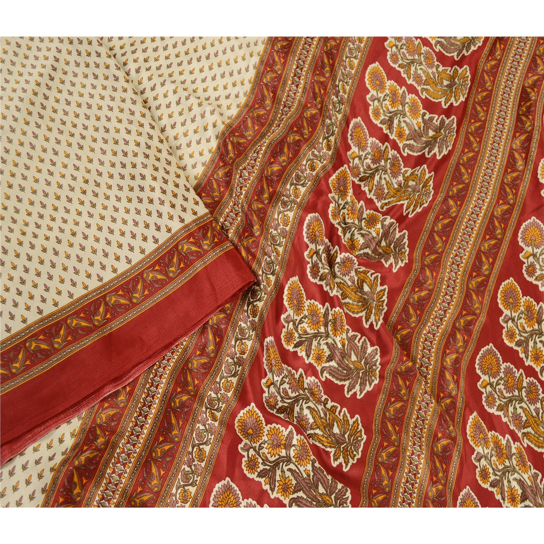 Sanskriti Vintage Sarees Cream Moss Crepe Sari Printed Floral 5yd Craft Fabric