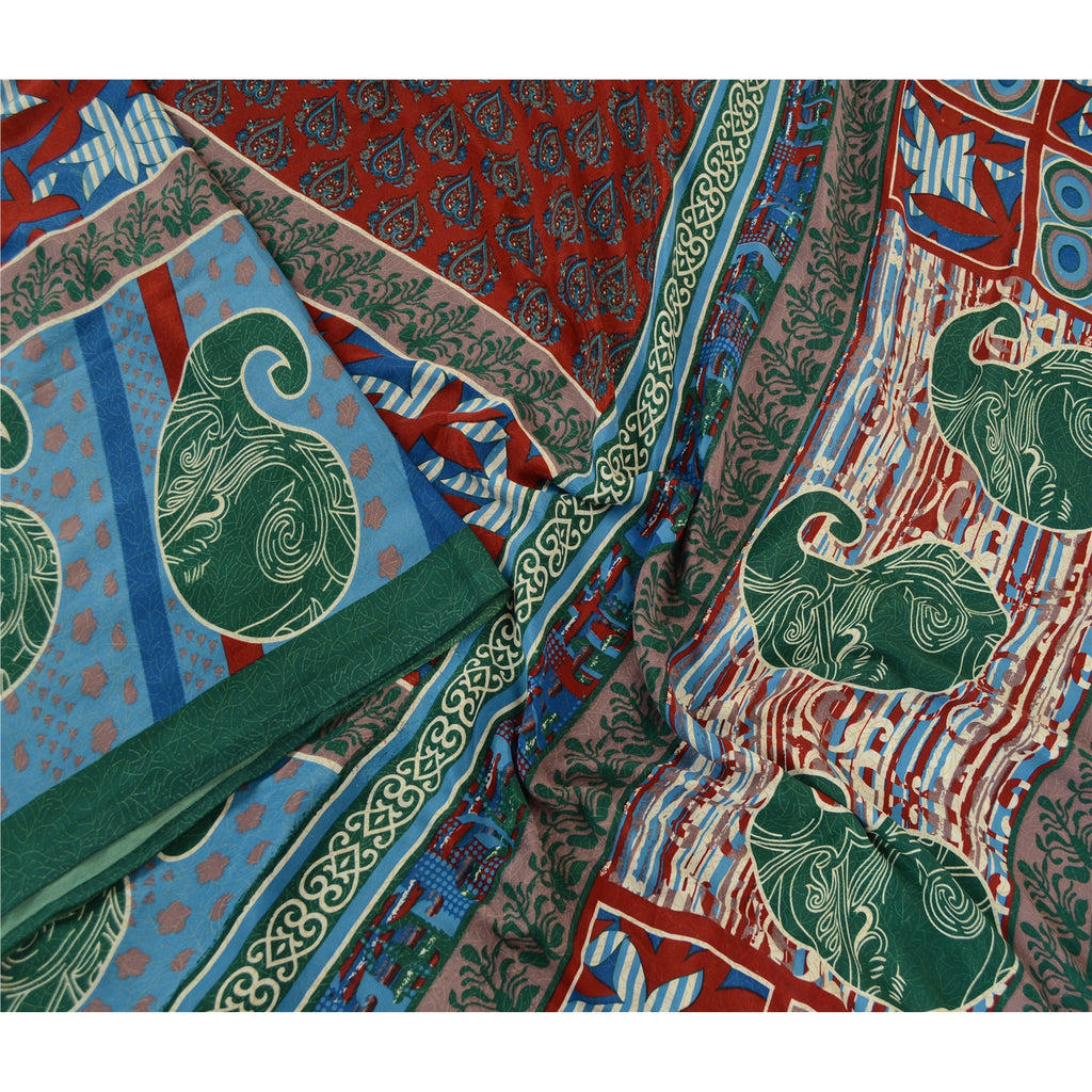 Sanskriti Vintage Sarees Indian Red Moss Crepe Printed Sari Floral Craft Sustainable Fabric