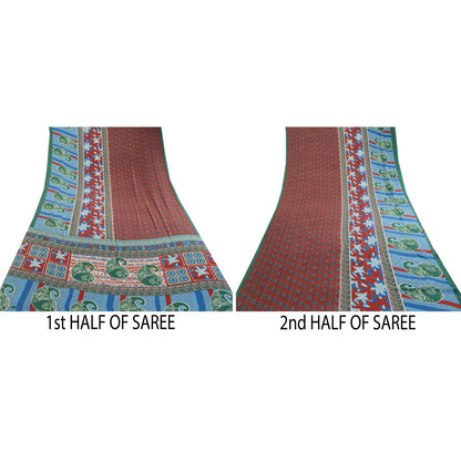 Sanskriti Vintage Sarees Indian Red Moss Crepe Printed Sari Floral Craft Sustainable Fabric
