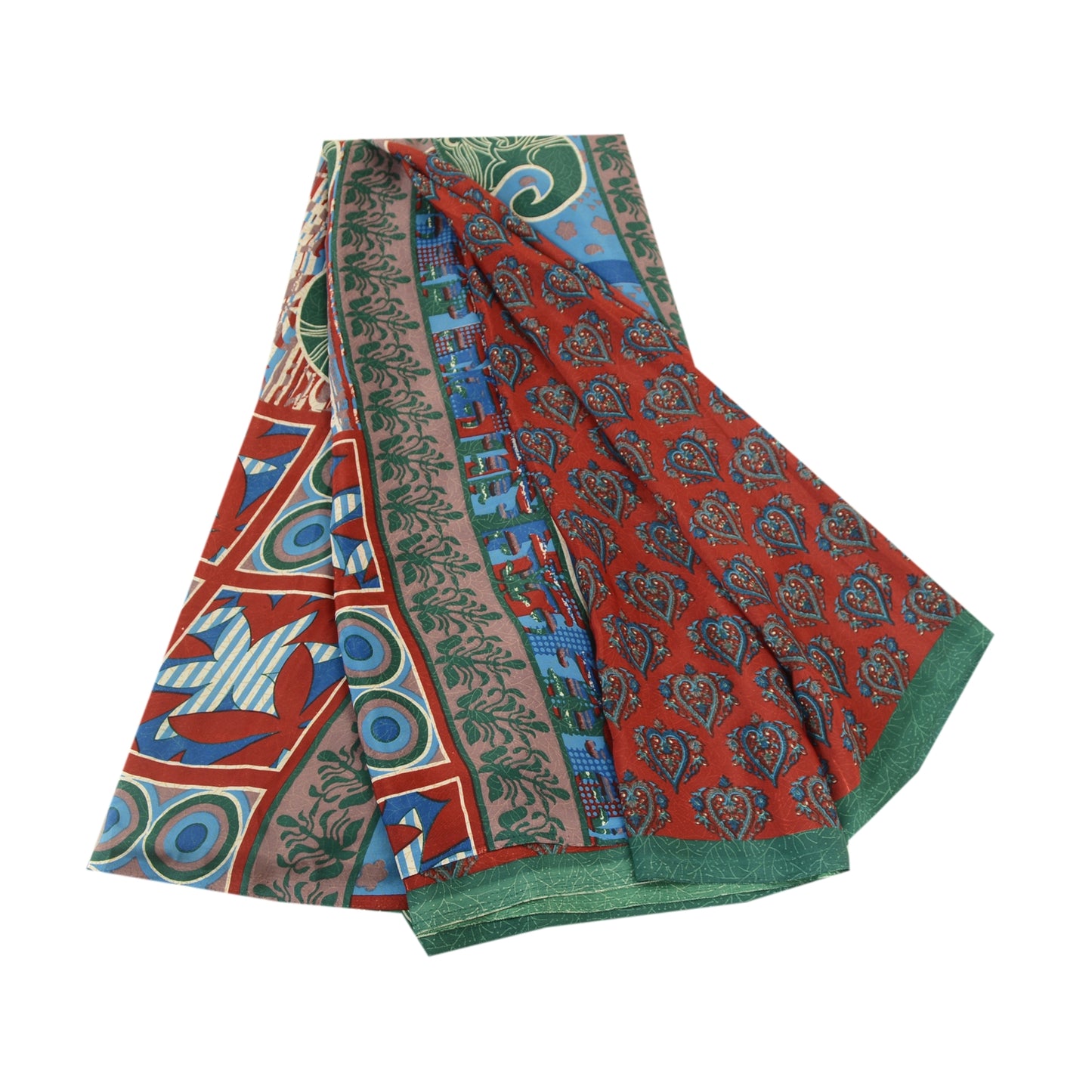 Sanskriti Vintage Sarees Indian Red Moss Crepe Printed Sari Floral Craft Sustainable Fabric