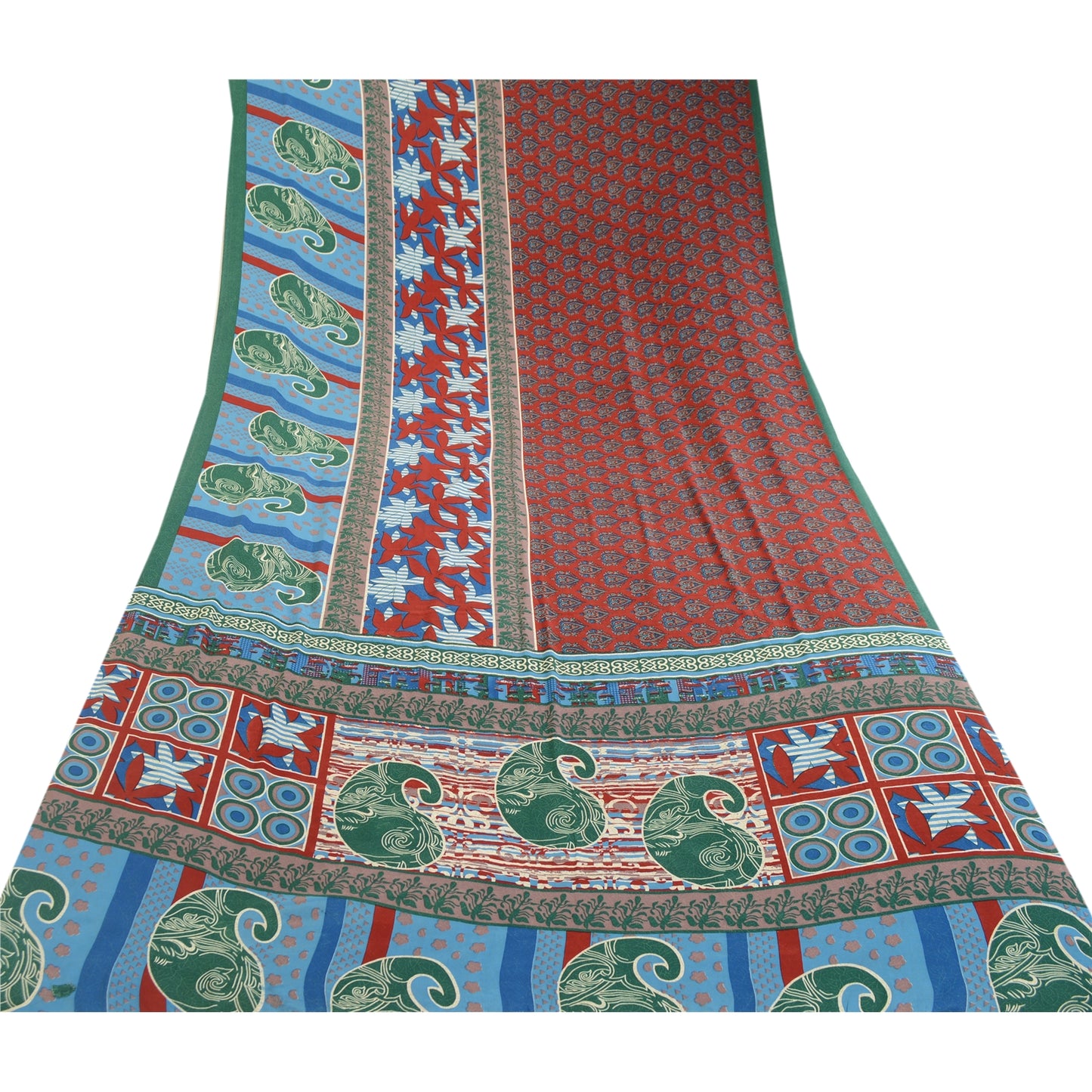 Sanskriti Vintage Sarees Indian Red Moss Crepe Printed Sari Floral Craft Sustainable Fabric