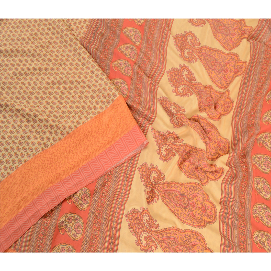Sanskriti Vintage Sarees Cream Moss Crepe Block Printed Sari Soft Craft Fabric