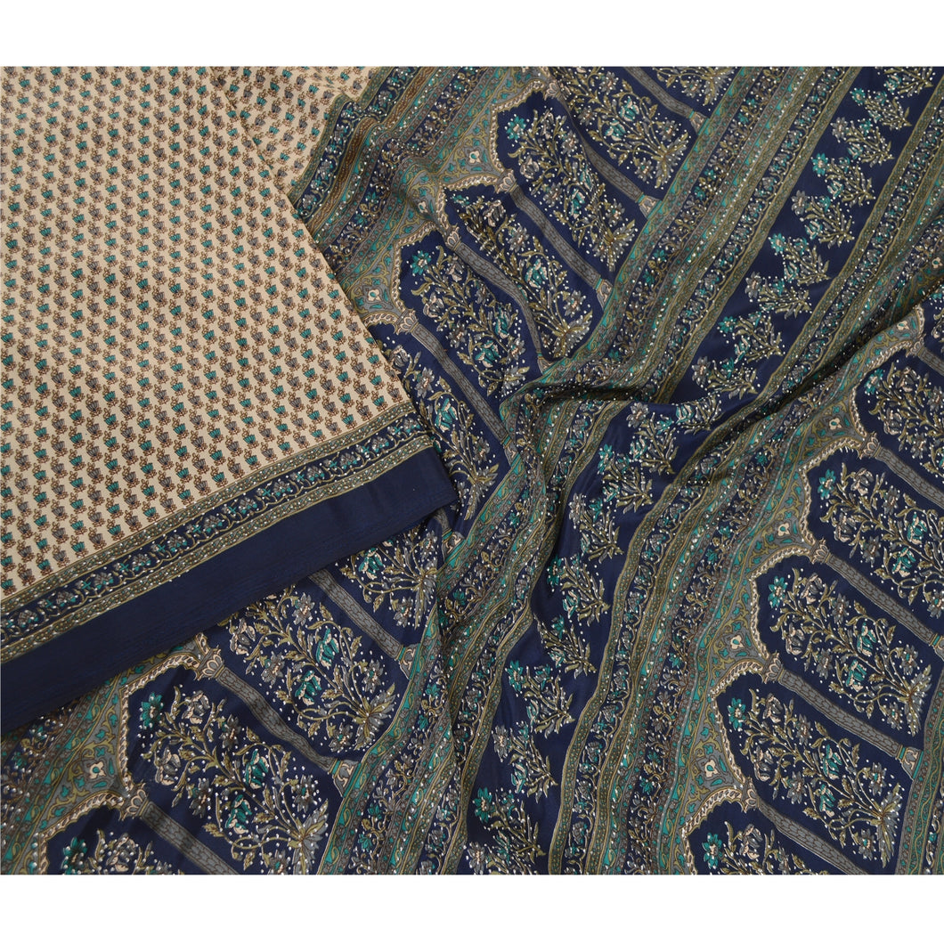Sanskriti Vintage Sarees Cream Block Printed Mukesh Work Moss Crepe Sari Fabric