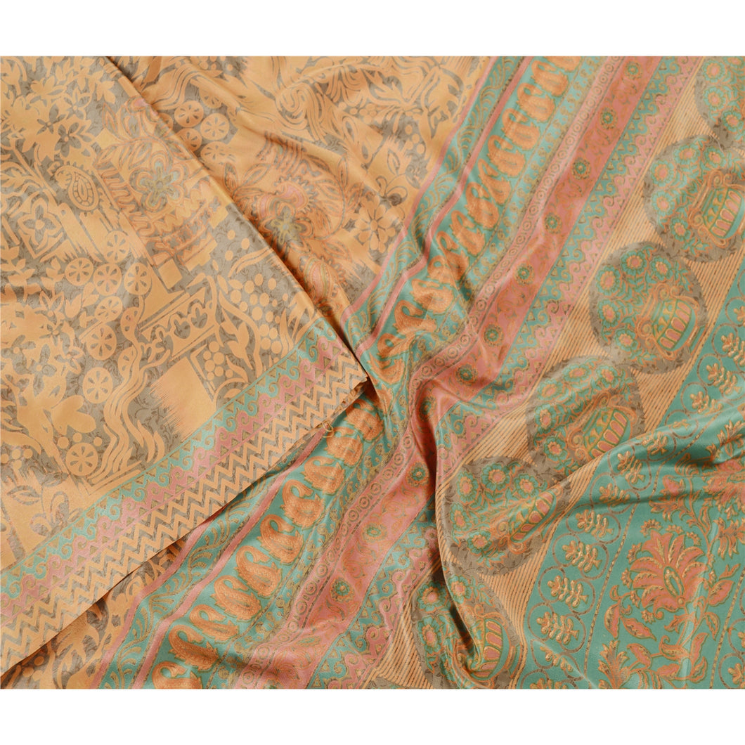 Sanskriti Vintage Sarees Saffron Moss Crepe Floral Printed Sari 5yd Craft Fabric