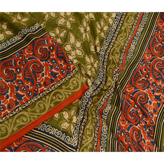 Sanskriti Vintage Sarees From India Green Printed Moss Crepe Sari Craft Sustainable Fabric