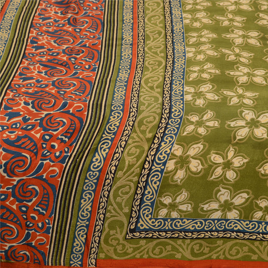 Sanskriti Vintage Sarees From India Green Printed Moss Crepe Sari Craft Sustainable Fabric