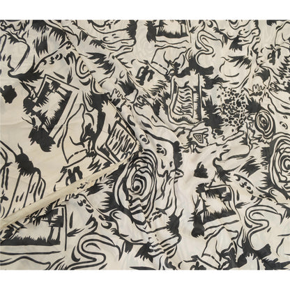 Sanskriti Vintage Sarees Indian Ivory Artificial Silk Printed Sari Craft Sustainable Fabric