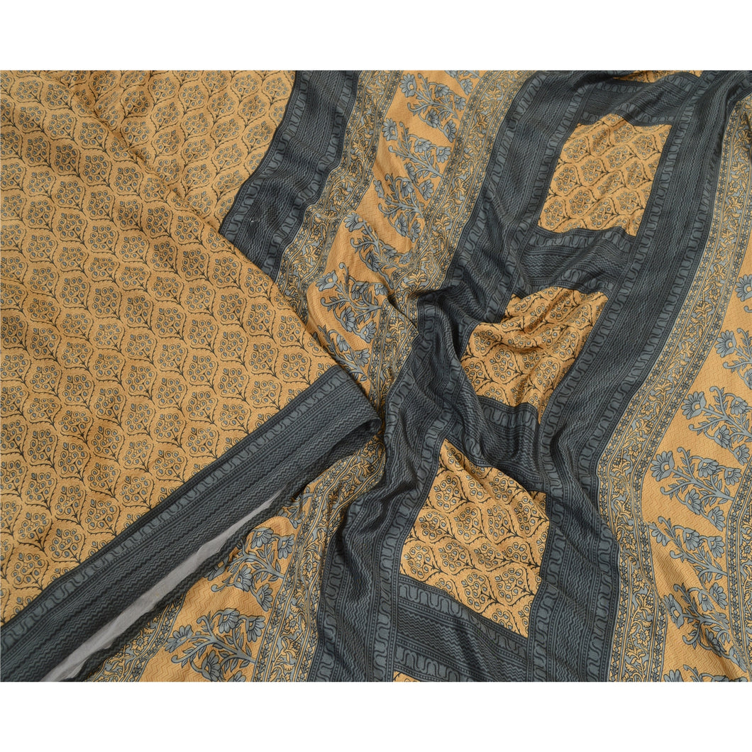 Sanskriti Vintage Sarees Indian Beige Printed Moss Crepe Sari Soft Craft Fabric