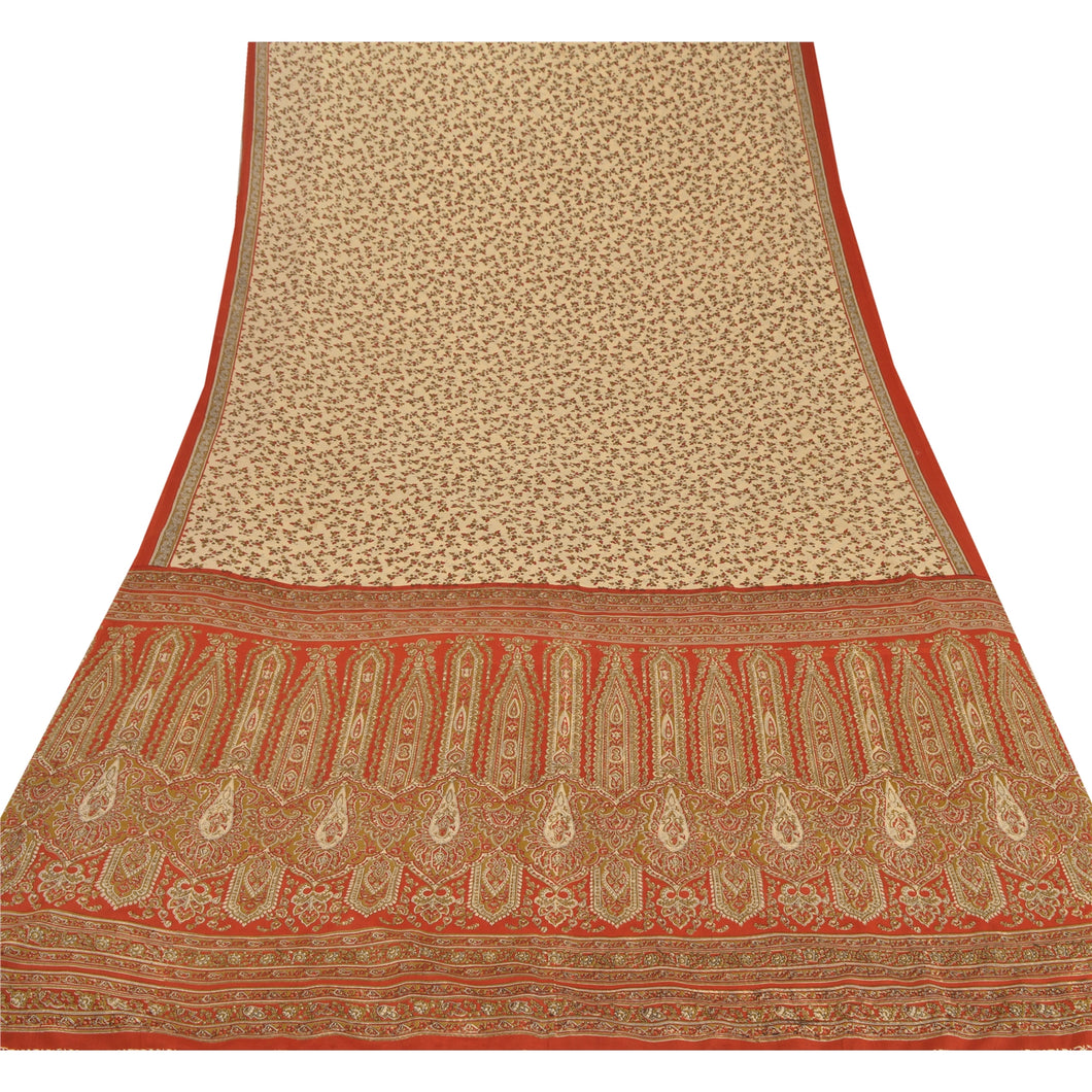 Sanskriti Vintage Craft Decor Fabric Cream Sarees Moss Crepe 5 Yd Printed Sari