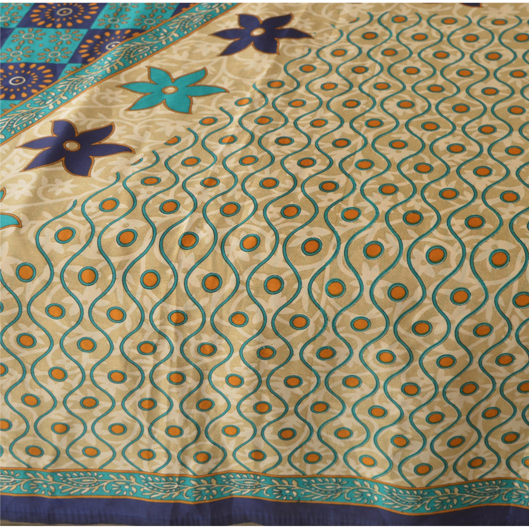 Sanskriti Vintage Cream Sarees Moss Crepe Printed Sari 5Yd Craft Decor Fabric
