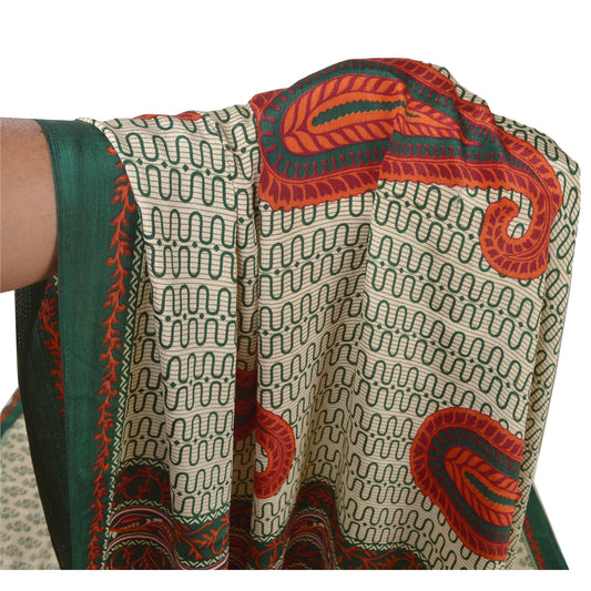 Sanskriti Vintage Creme Sarier Mos Crepe Trykt Sari Dekor 5 Yard Håndværk Bæredygtigt Stof