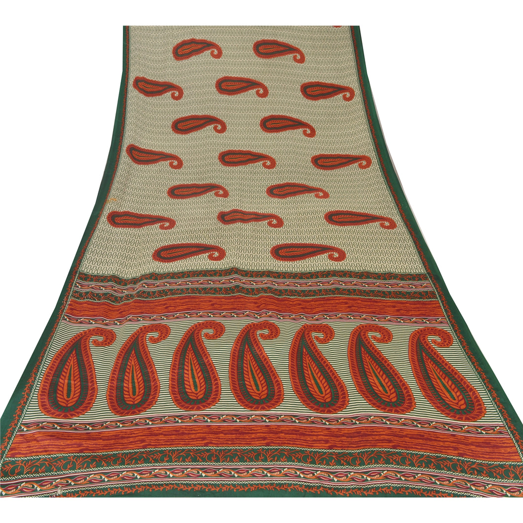 Sanskriti Vintage Cream Sarees Moss Crepe Printed Sari Decor 5 Yd Craft Fabric