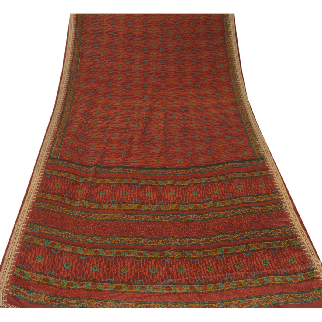 Sanskriti Vintage Orange Sarees Moss Crepe Printed Sari Decor 5Yd Craft Fabric