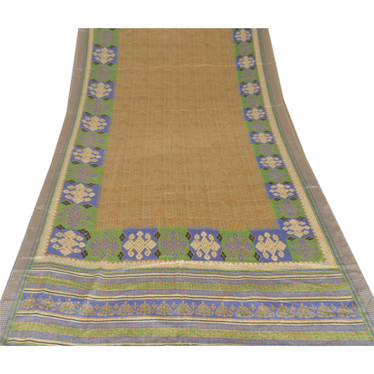Sanskriti Vintage Beige Sarees Moss Crepe Printed Sari Soft Decor Craft Sustainable Fabric
