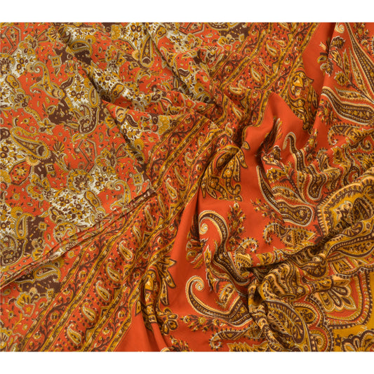 Sanskriti Vintage Orange Sarees Moss Crepe Printed Sari 5 Yd Craft Decor Sustainable Fabric