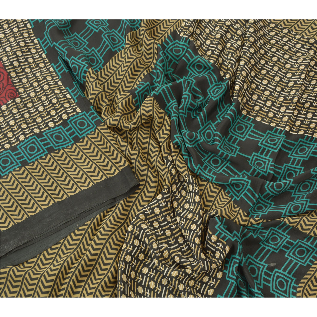 Sanskriti Vintage Indian Sarees Moss Crepe Printed Sari 5Yd Craft Decor Fabric