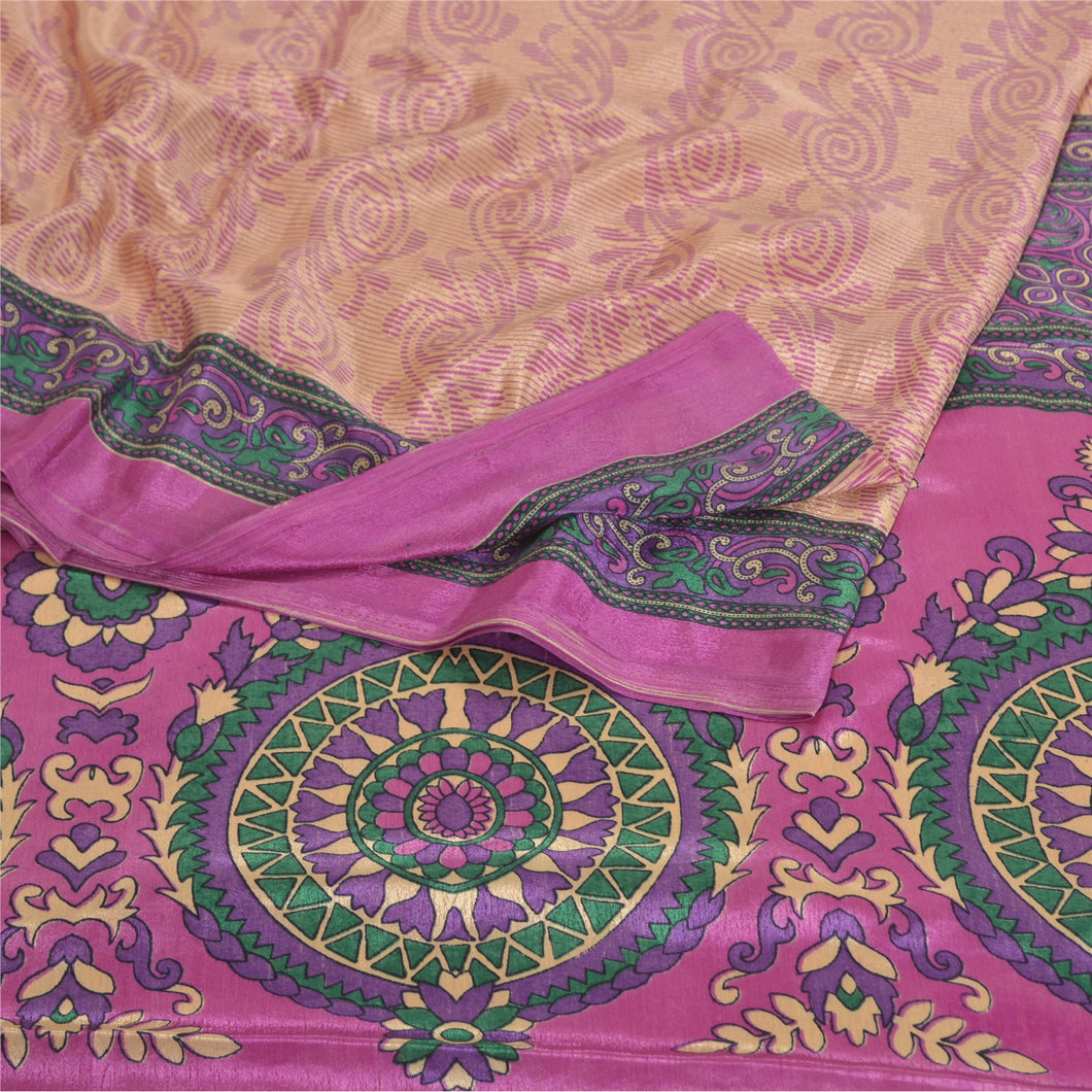 Sanskriti Vintage Cream Indian Sarees Moss Crepe Printed Sari Craft Decor Fabric