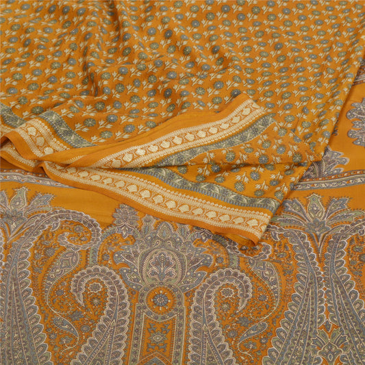 Sanskriti Vintage Mustard Sarees Moss Crepe Printed Sari 5Yd Craft Decor Sustainable Fabric