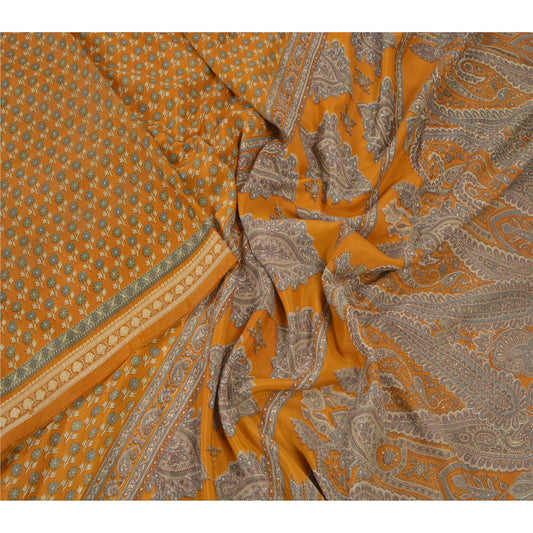 Sanskriti Vintage Mustard Sarees Moss Crepe Printed Sari 5Yd Craft Decor Sustainable Fabric