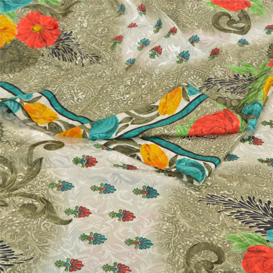 Sanskriti Vintage Cream Sarees Moss Crepe Digital Printed Sari 5 YD Craft Sustainable Fabric