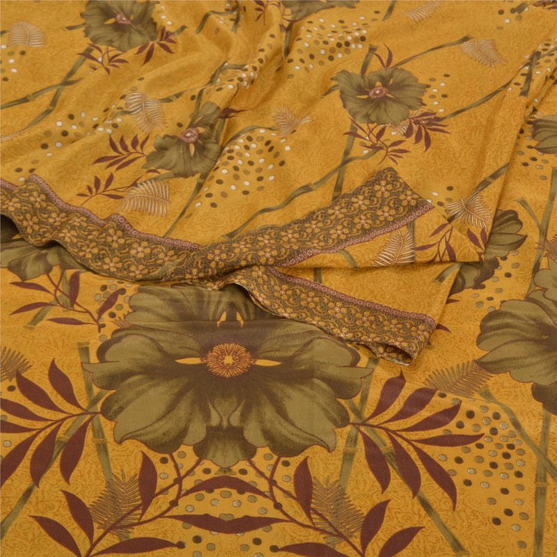 Sanskriti Vintage Mustard Sarees Moss Crepe Printed Sari 5YD Craft Sustainable Fabric
