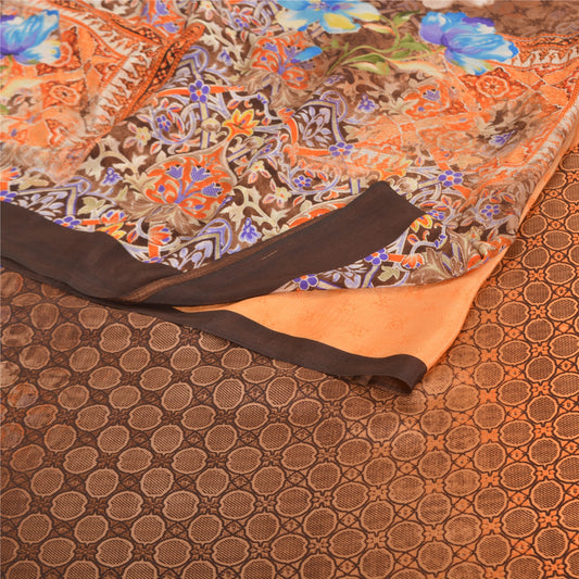 Sanskriti Vintage Brown Sarees Moss Crepe Digital Printed Sari 5YD Craft Sustainable Fabric