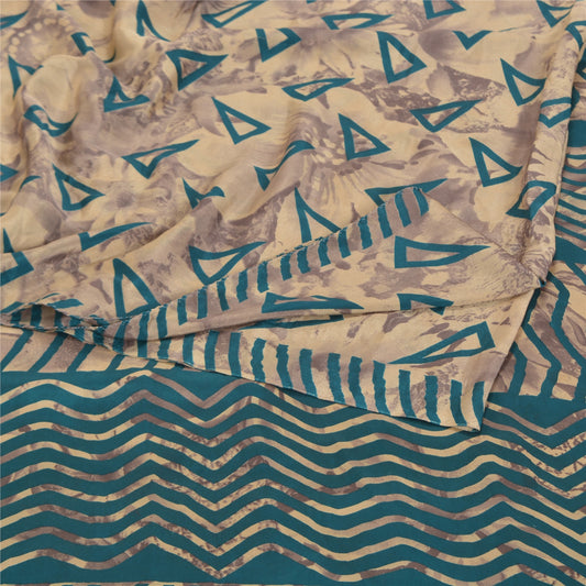 Sanskriti Vintage Cream Indian Sarees Moss Crepe Printed Sari 5 YD Craft Sustainable Fabric