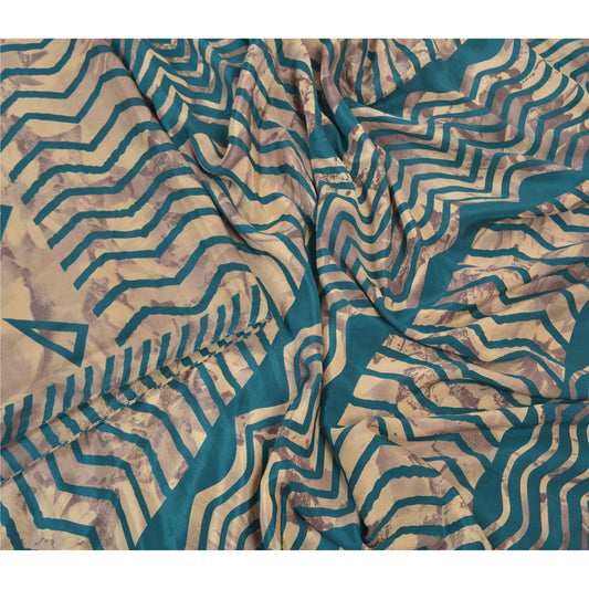 Sanskriti Vintage Cream Indian Sarees Moss Crepe Printed Sari 5 YD Craft Sustainable Fabric